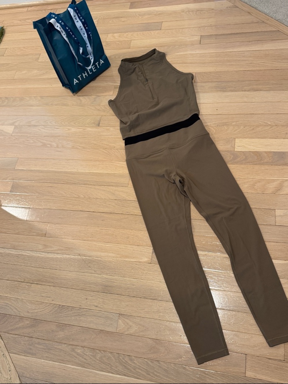 Athleta Olive Outfit with Black Waistband and quarter zip top full pant